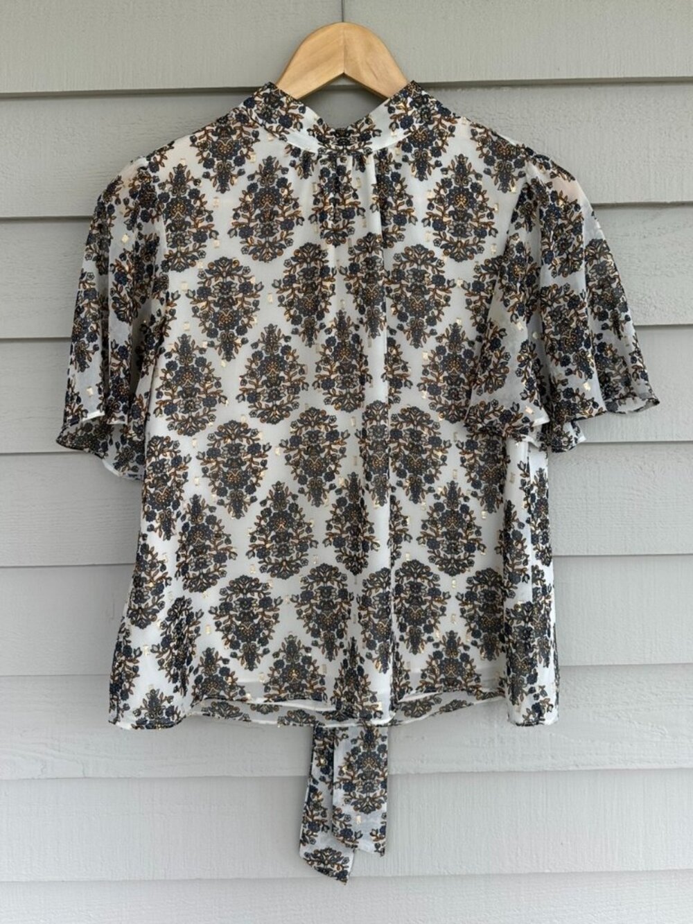 Flutter Sleeve Floral Print High Neck Blouse